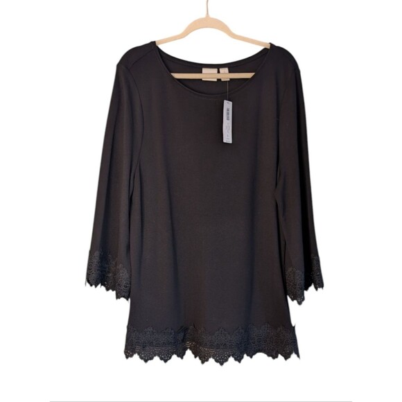 Chico's Tops - Chico's Black Ponte Tunic Top 3/4 Bell Sleeve size 3/XL Scalloped Lace romantic
